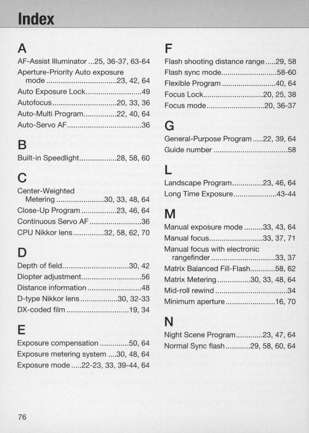 Nikon N60 instruction manual Index 