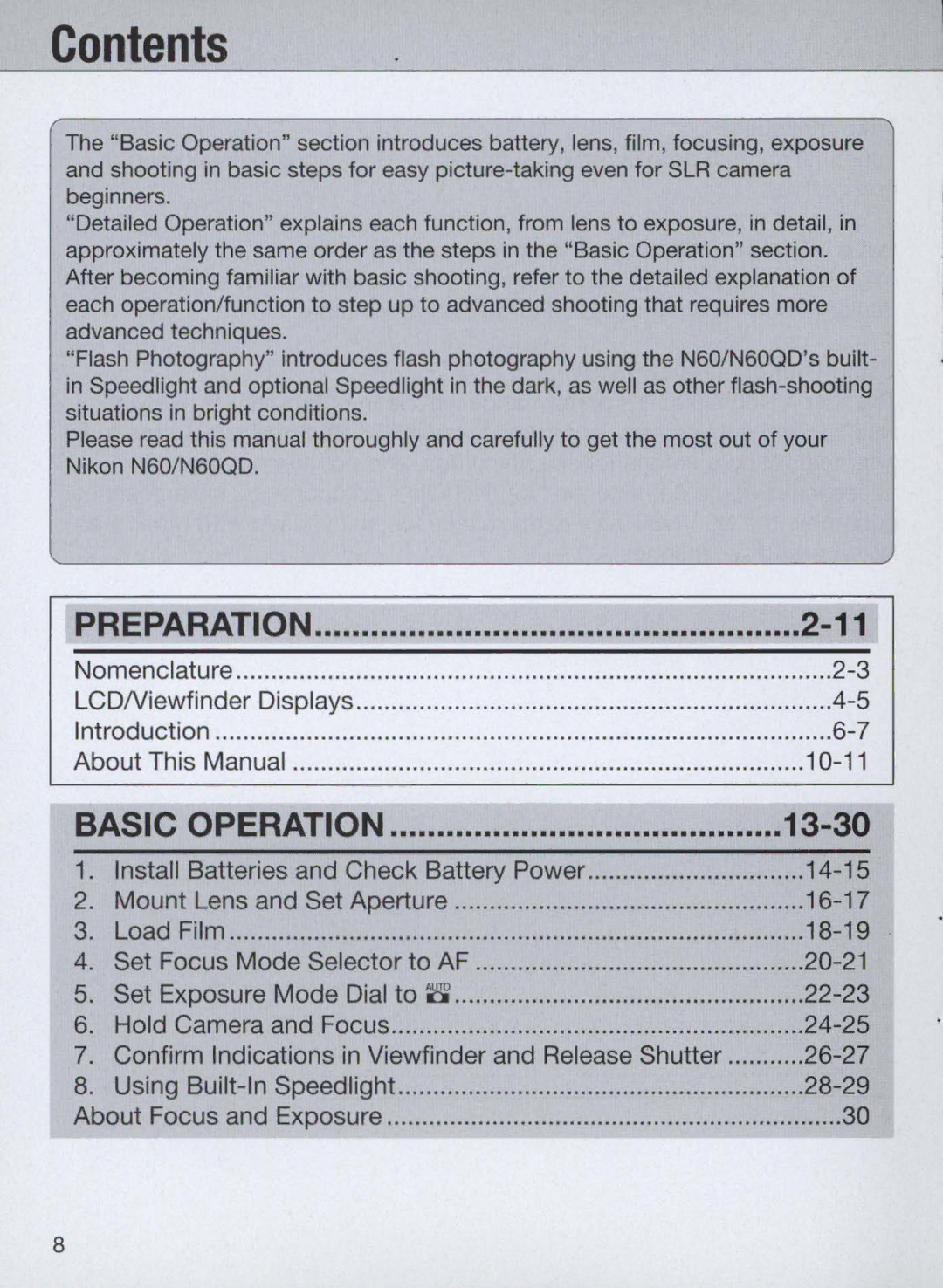 Nikon N60 instruction manual Contents 