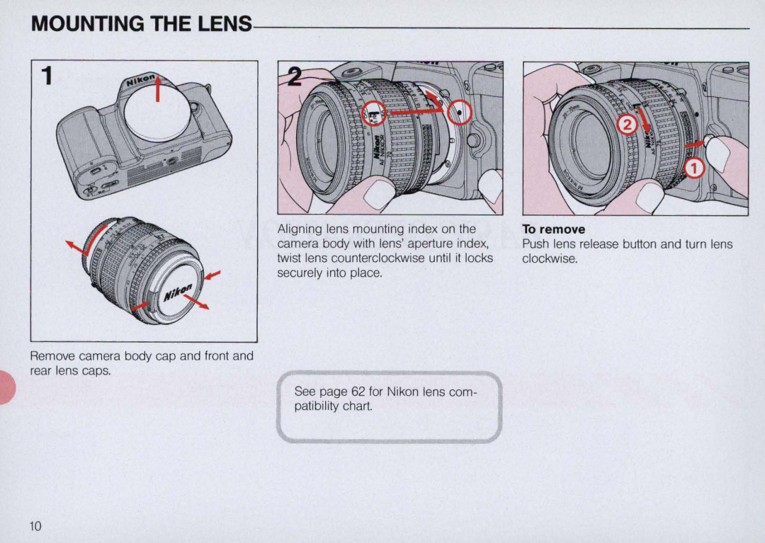 Nikon N6000 instruction manual Mounting the Lens, To remove 