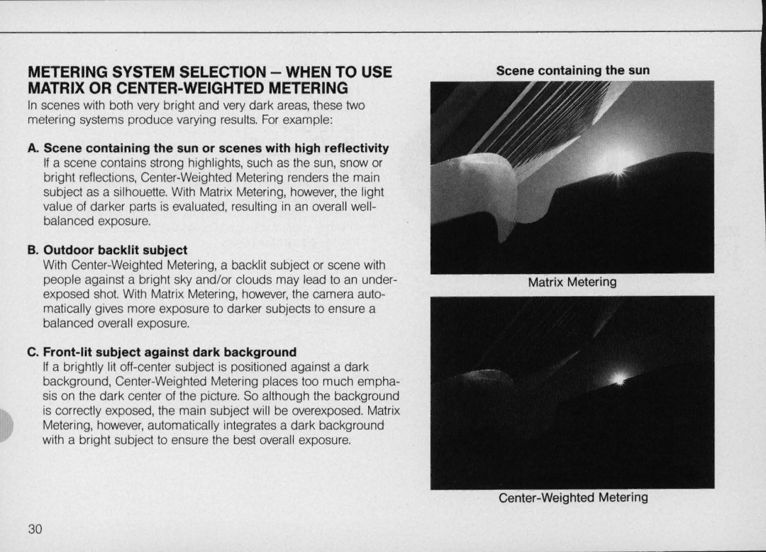 Nikon N6000 instruction manual Scene containing the sun or scenes with high reflectivity, Outdoor backlit subject 