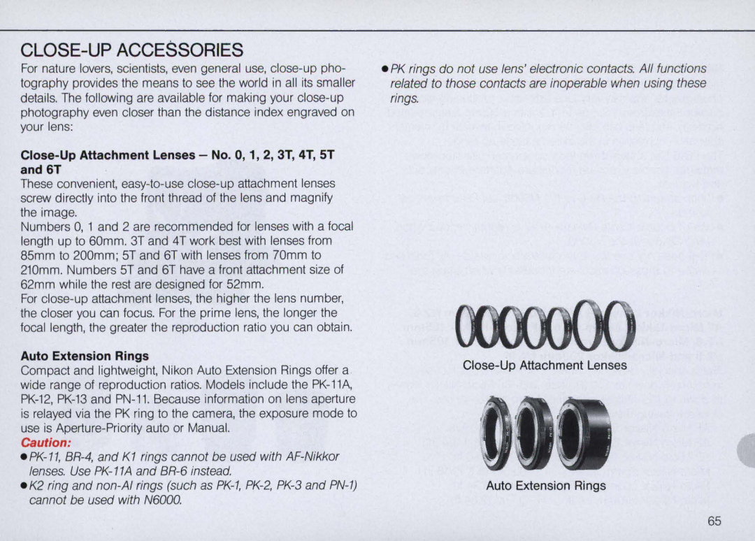 Nikon N6000 instruction manual Close-Up Attachment Lenses No , 1, 2, 3T, 4T, 5T and 6T, Auto Extension Rings 