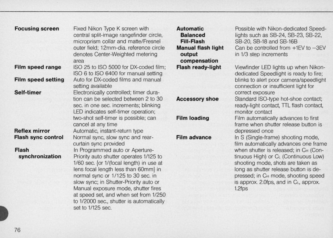 Nikon N6000 Focusing screen, Automatic, Balanced, Fill-Flash, Manual flash light, Output, Film speed range, Self-timer 