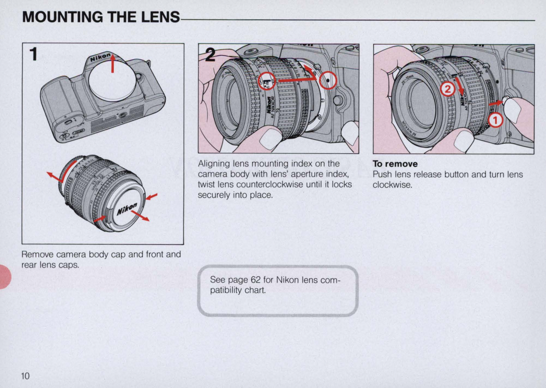 Nikon N6000 instruction manual Mounting The Lens, To remove 