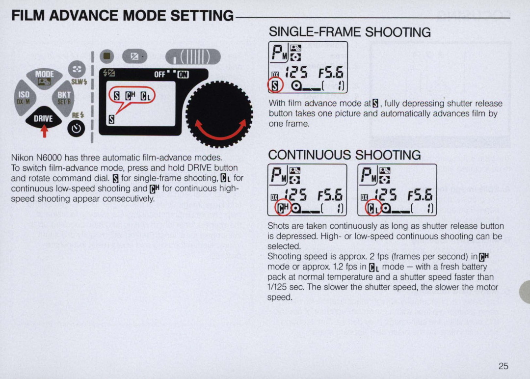 Nikon N6000 instruction manual 2S FS.b, Film Advance Mode Setting, l Il, Single-Frame Shooting, Continuous Shooting 
