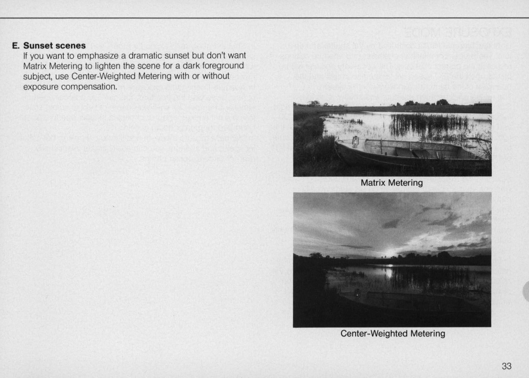 Nikon N6000 instruction manual E. Sunset scenes, Matrix Metering Center-Weighted Metering 