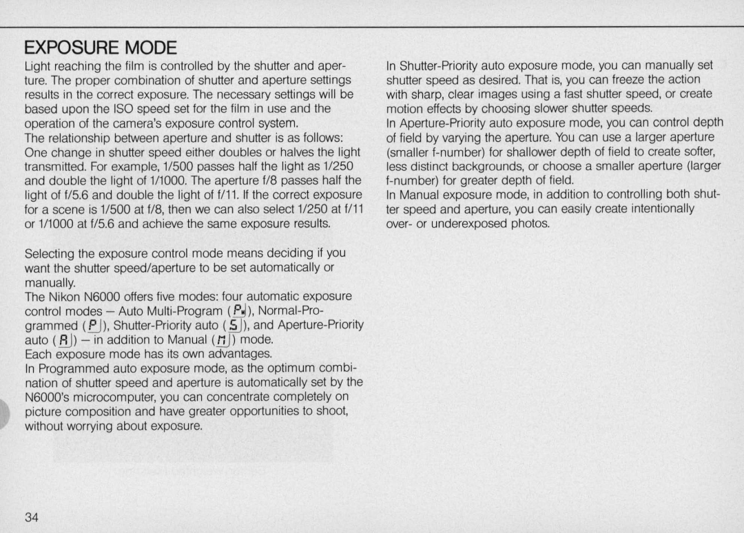 Nikon N6000 instruction manual Exposure Mode 