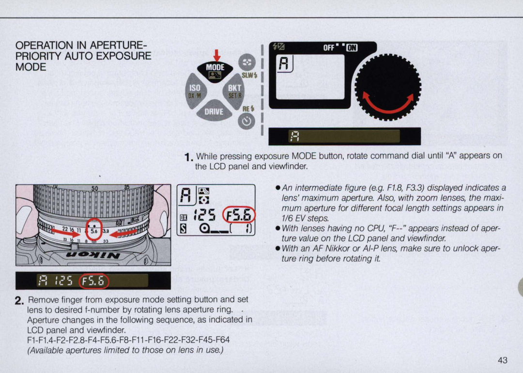 Nikon N6000 instruction manual = c· 5 F5, Operation In Aperture Priority Auto Exposure Mode 