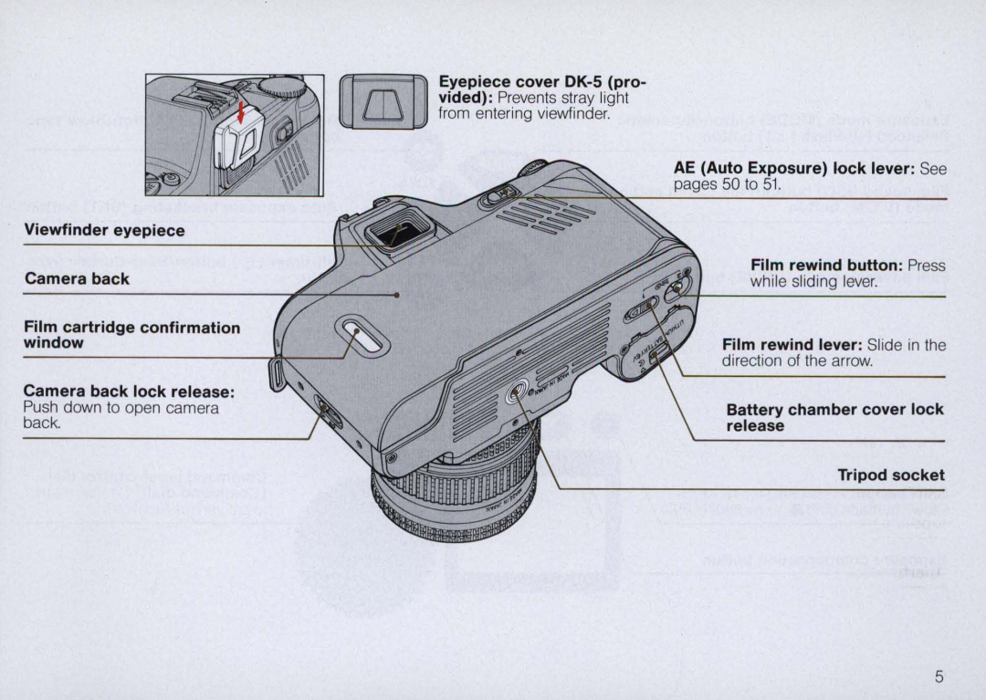 Nikon N6000 AE Auto Exposure lock lever See, Viewfinder eyepiece, Camera back, Film rewind button Press, window, release 