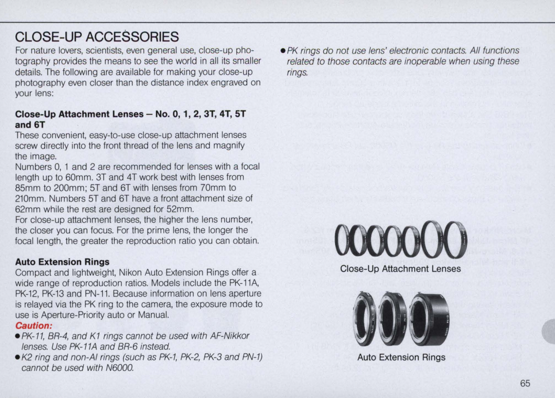 Nikon N6000 Close-Up Accessories, Close-Up Attachment Lenses - No. 0, 1, 2, 3T, 4T, 5T and 6T, Auto Extension Rings 