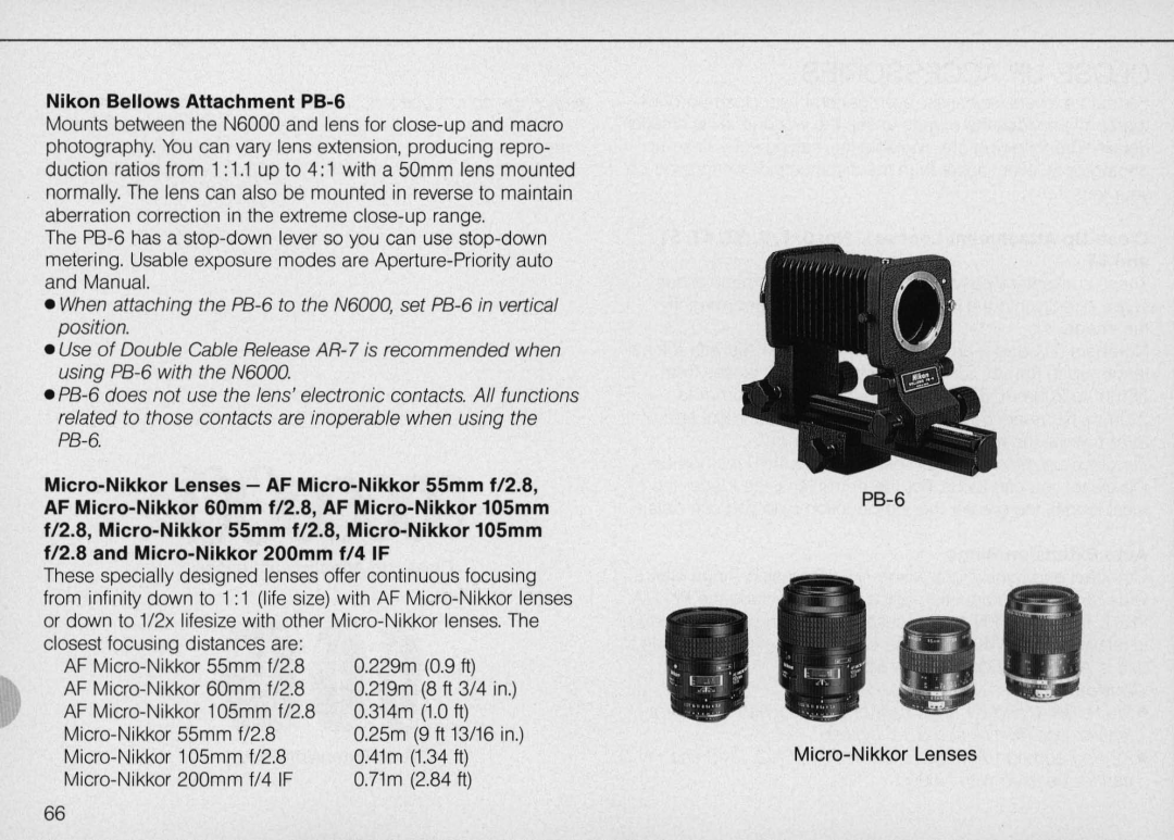 Nikon N6000 instruction manual 0.71m 2 .B4 tt, Nikon Bellows Attachment PB-6 