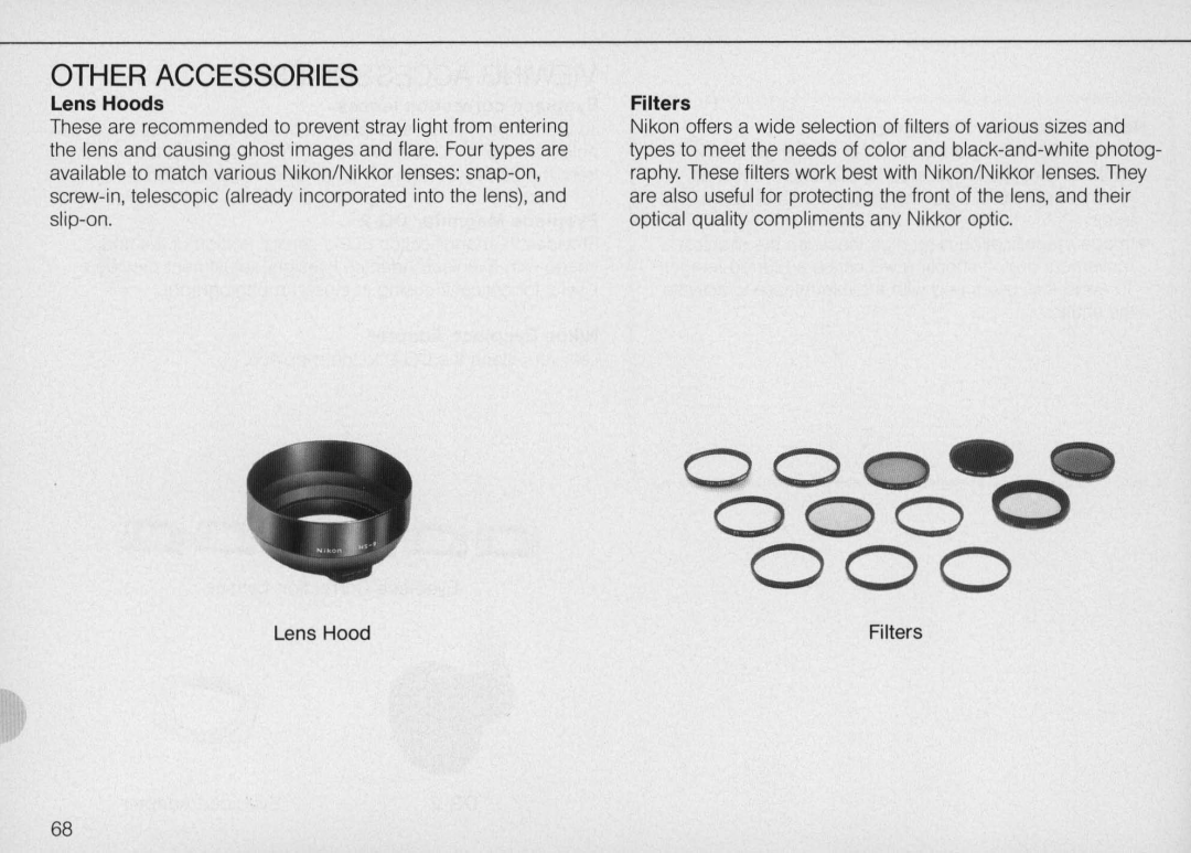 Nikon N6000 instruction manual Other Accessories, Lens Hoods, Filters, 0000 