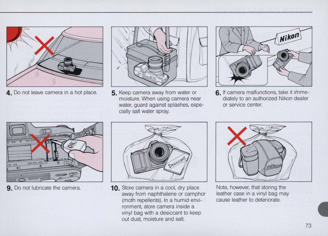 Nikon N6000 instruction manual Do not leave camera in a hot place 9. Do not lubricate the camera 