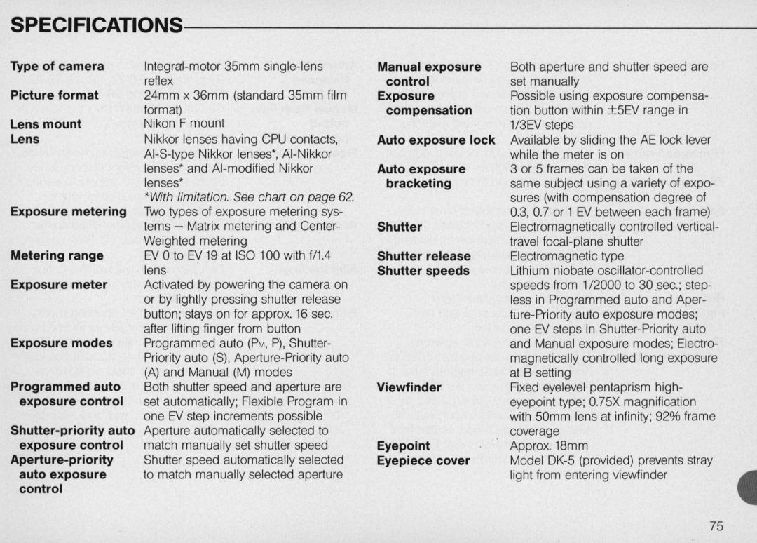 Nikon N6000 Specifications, Shutter speeds, Type of camera, Manual exposure, control, Picture format, Exposure, Lens mount 