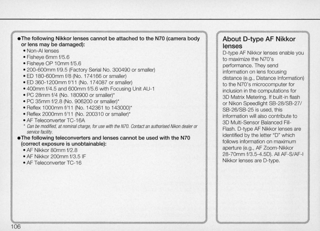 Nikon N70 instruction manual About O-type AF Nikkor lenses 