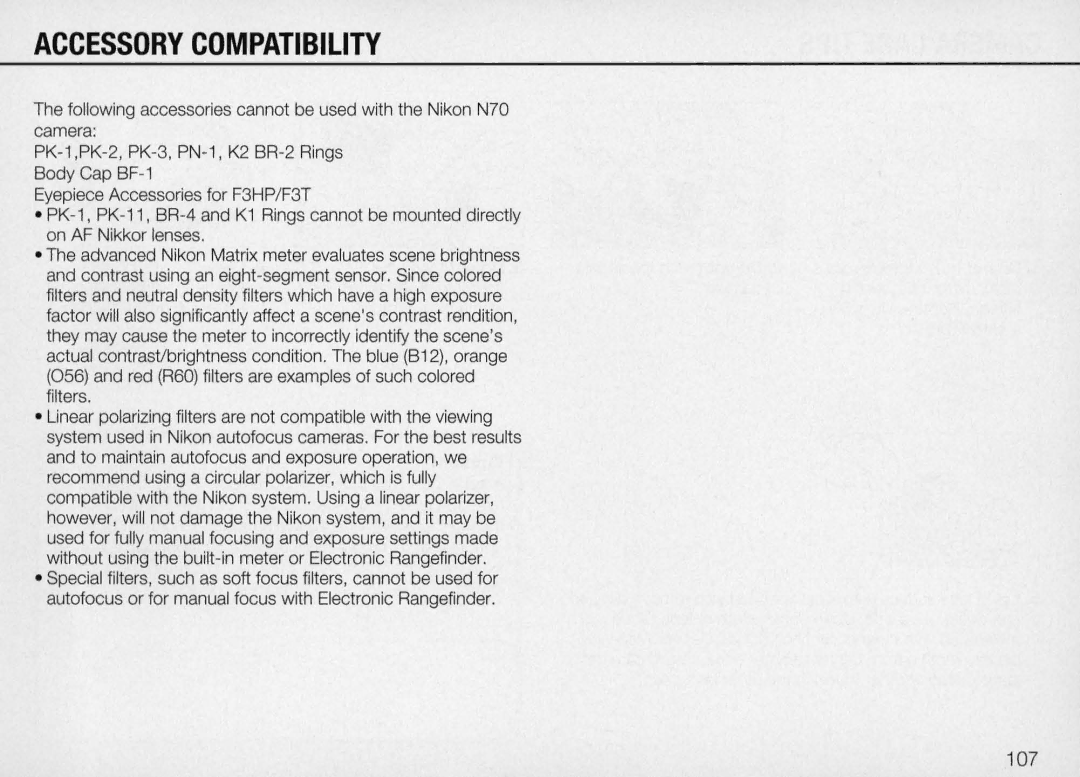 Nikon N70 instruction manual Accessory Compatibility, 107 