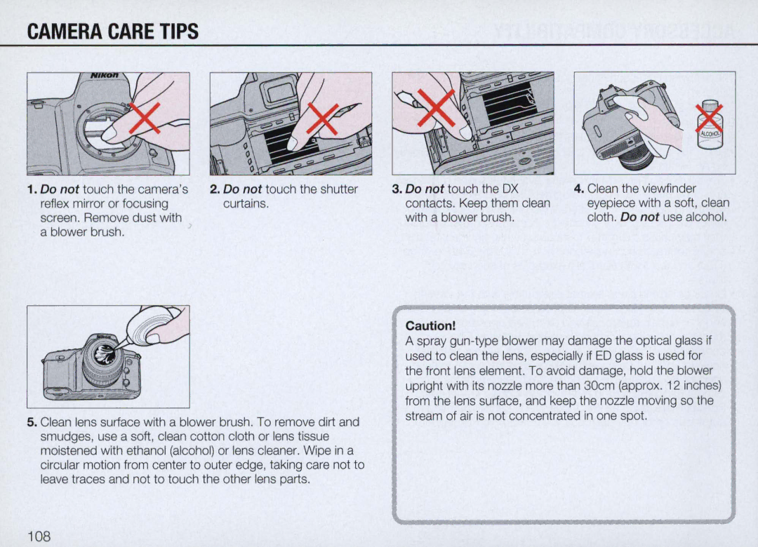 Nikon N70 instruction manual Camera Care Tips, With a blower brush 