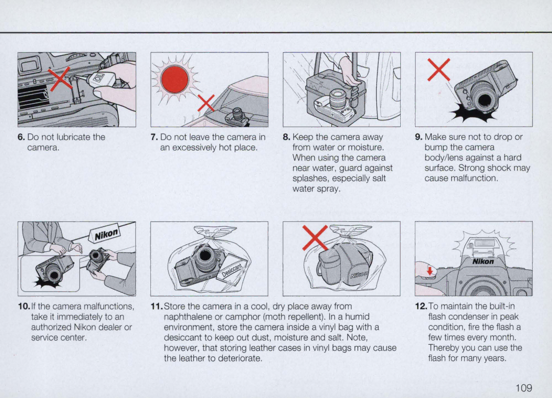 Nikon N70 instruction manual 109, Do not lubricate the camera 