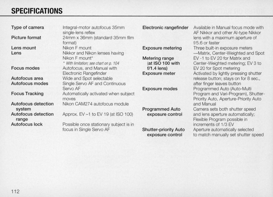 Nikon N70 instruction manual Specifications, 112 