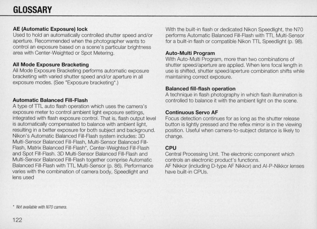 Nikon N70 instruction manual Glossary, 122 