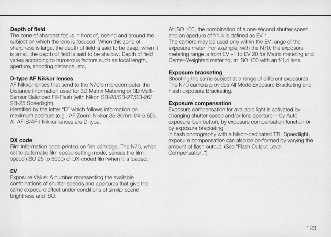 Nikon N70 instruction manual Depth of field, Type AF Nikkor lenses, OX code, Exposure bracketing, Exposure compensation 