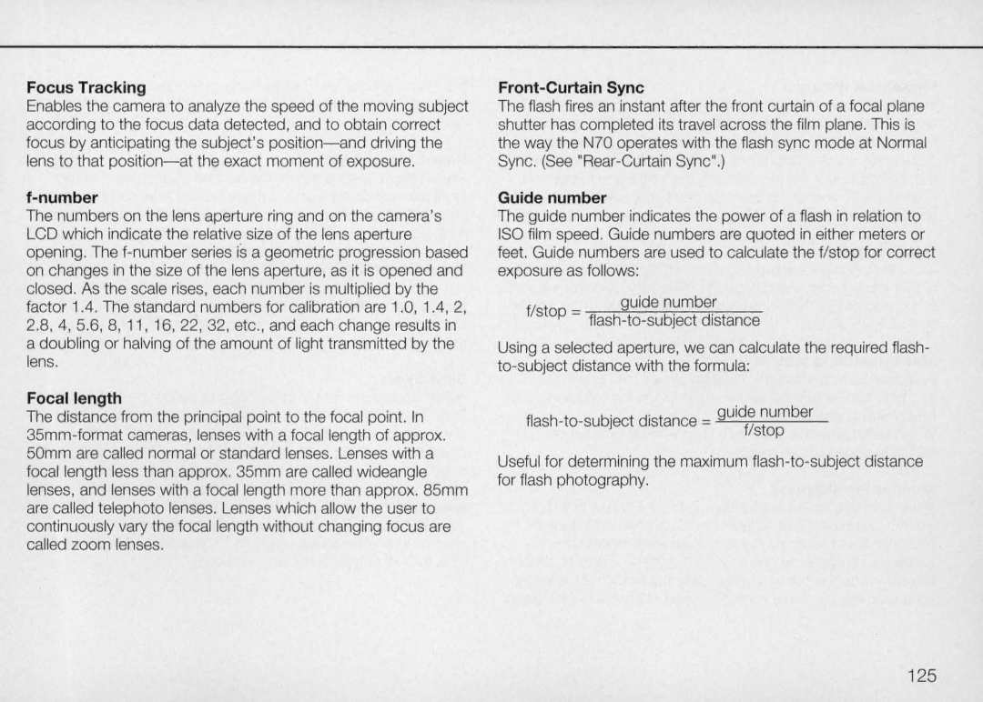 Nikon N70 instruction manual 125, Focus Tracking, Number, Focal length, Front-Curtain Sync 