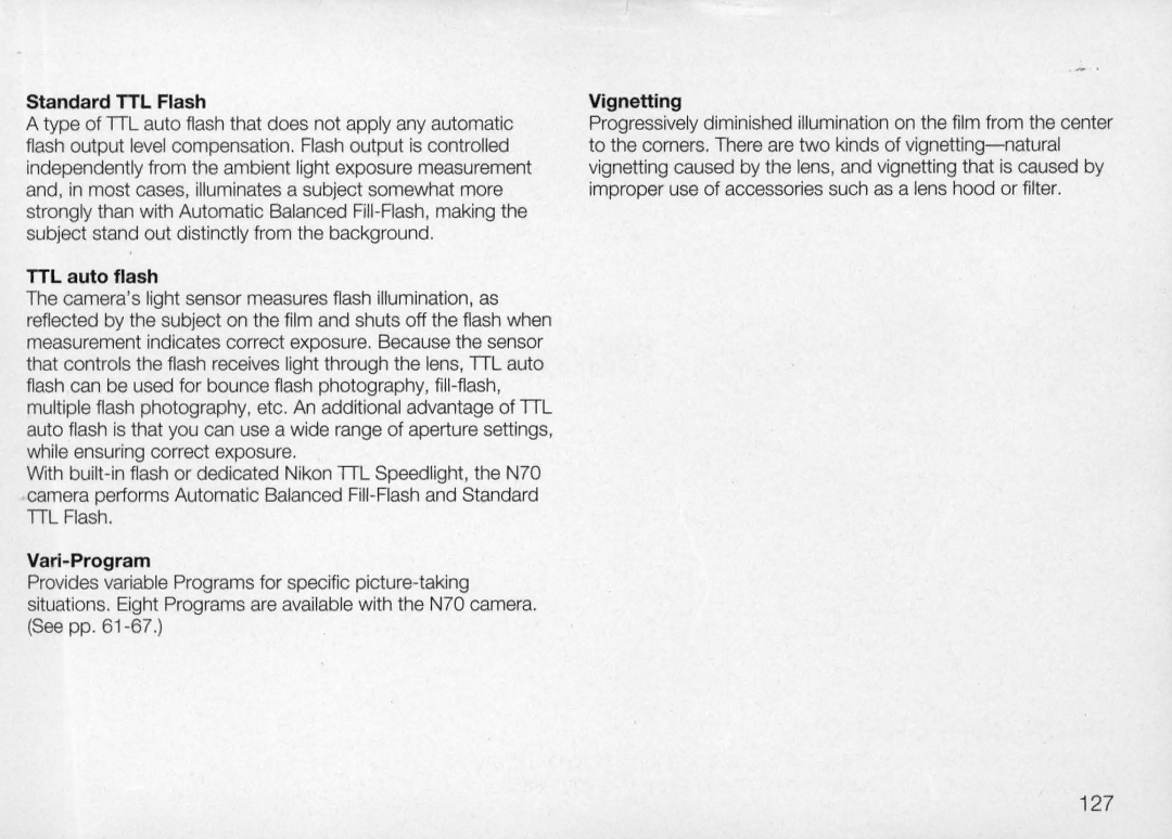 Nikon N70 instruction manual 127, Standard TTL Flash, TTL auto flash, Vari Program, Vignetting 