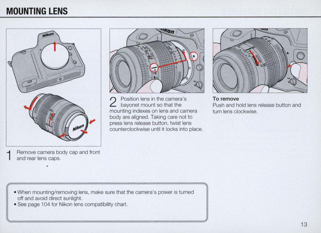 Nikon N70 instruction manual Mounting Lens, Position lens in the cameras bayonet mount so that 