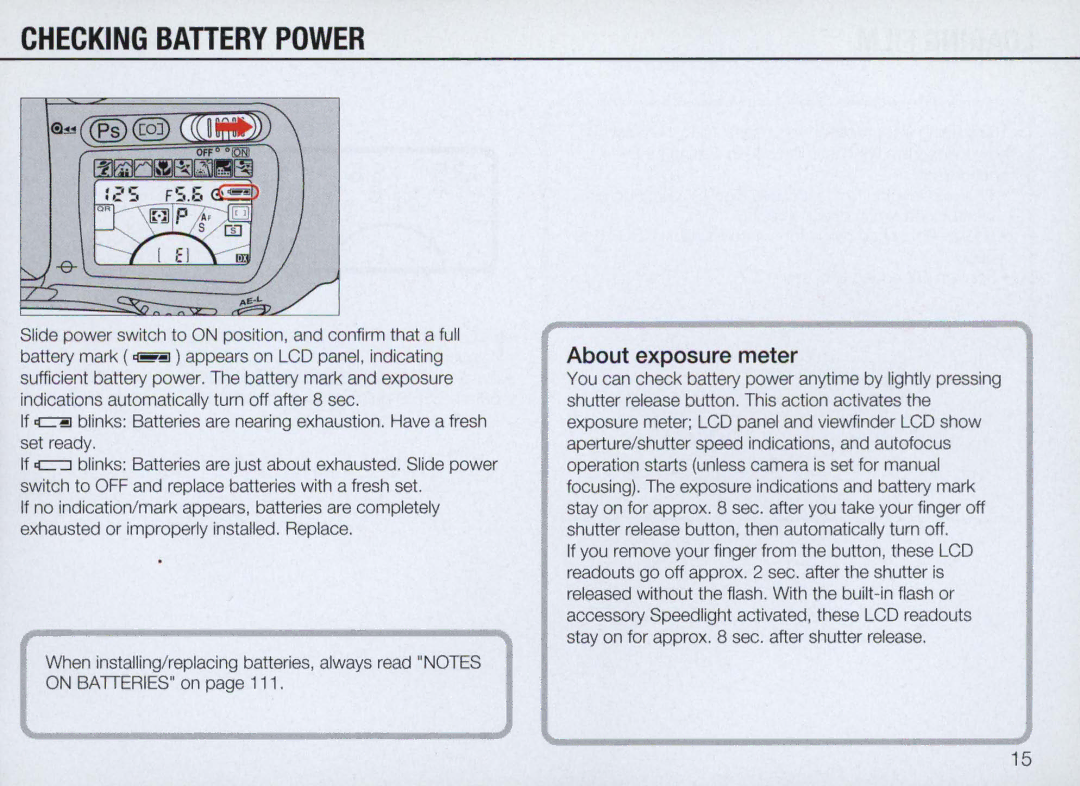 Nikon N70 instruction manual Checking Battery Power, About exposure meter 