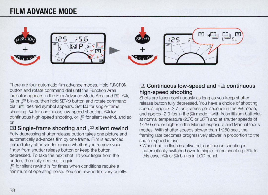 Nikon N70 Ill Single-frame shooting and sfDsilent rewind, ~ Continuous low-speed and H~ continuous high-speed shooting 