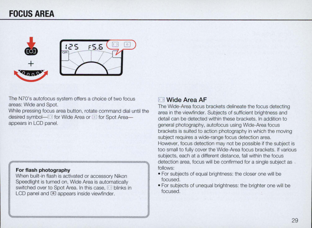 Nikon N70 instruction manual Focus Area, Wide Area AF, For flash photography 