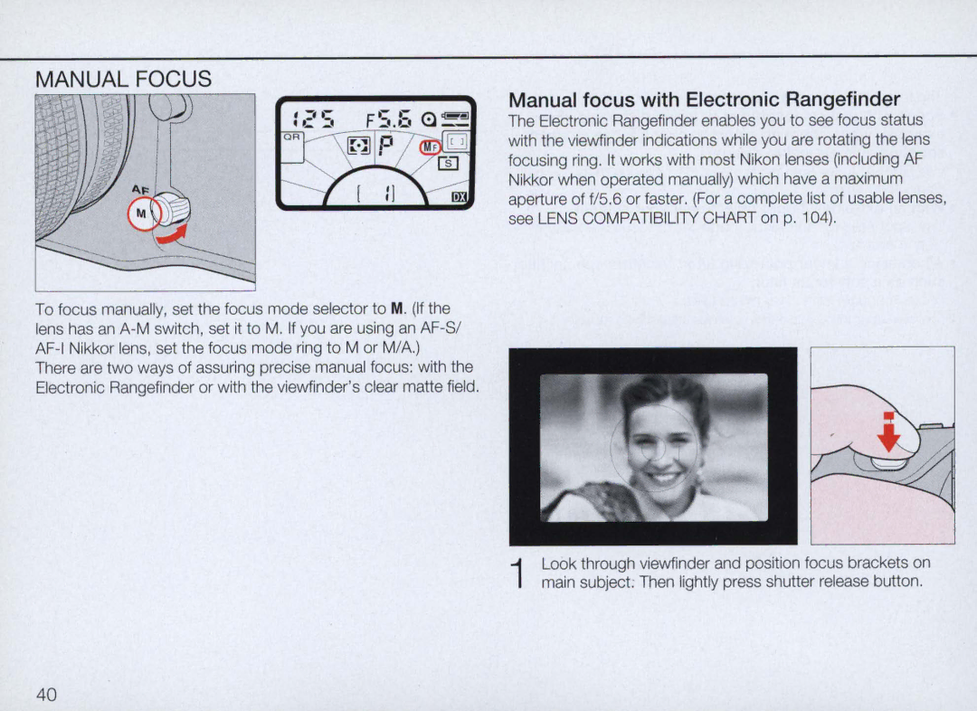 Nikon N70 instruction manual Manual Focus, Manual focus with Electronic Rangefinder 