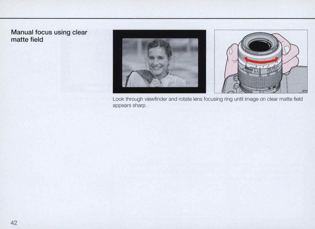 Nikon N70 instruction manual Manual focus using clear matte field 