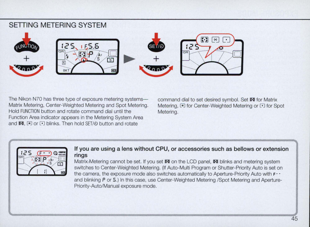 Nikon N70 instruction manual Setiing Metering System 