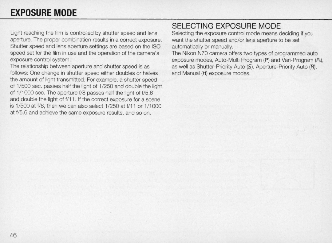 Nikon N70 instruction manual Selecting Exposure Mode 