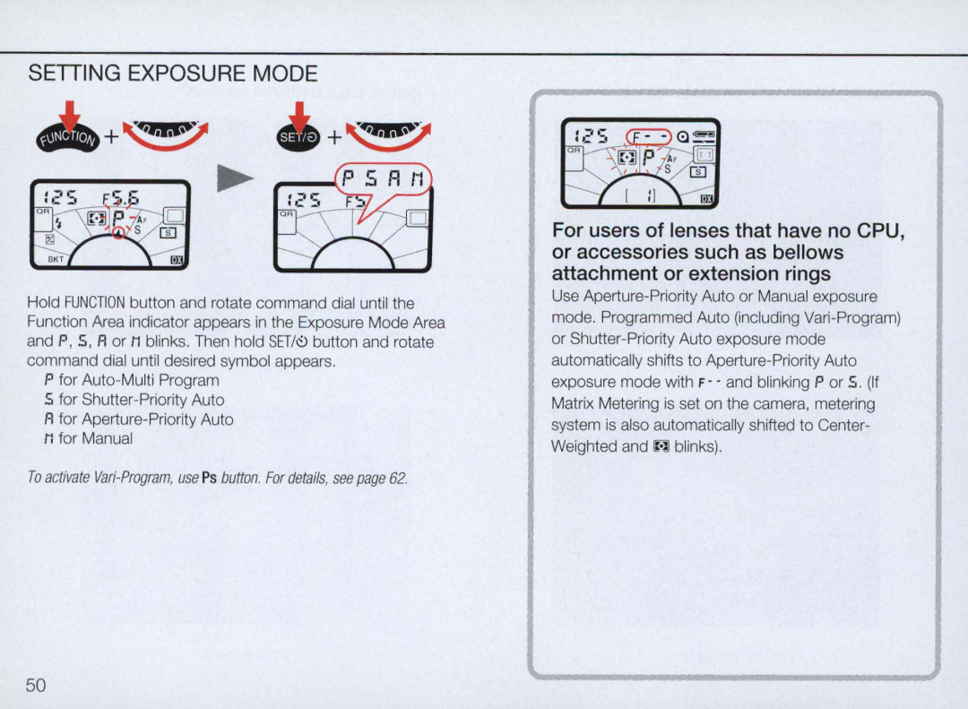 Nikon N70 instruction manual +~ +~, Setting Exposure Mode 