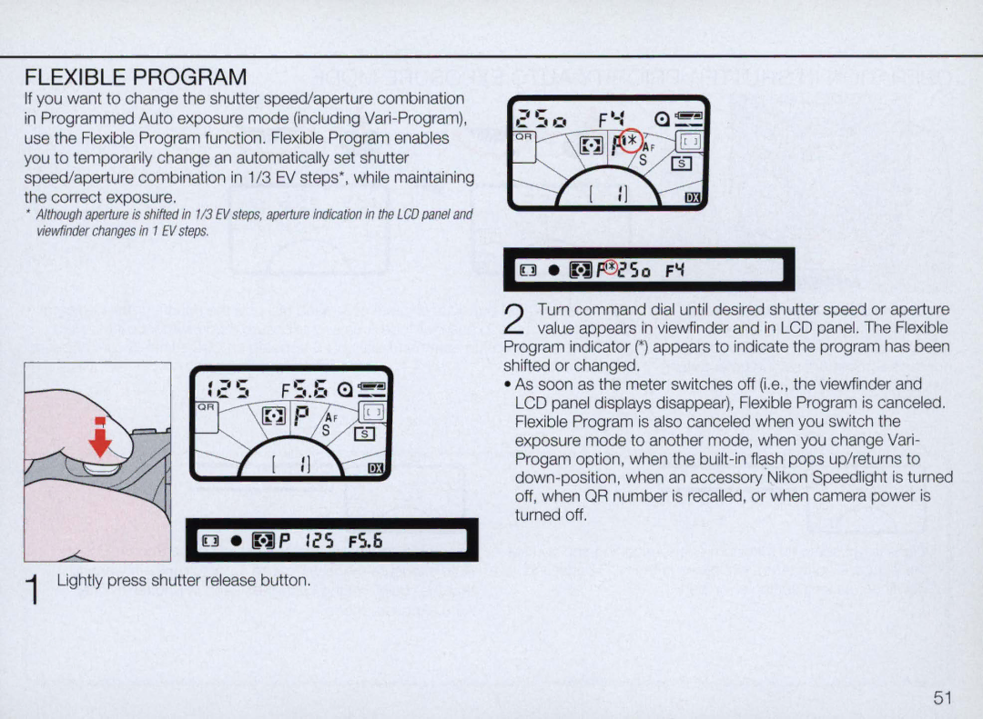 Nikon N70 instruction manual Flexible Program, WI P 15 F5.6 