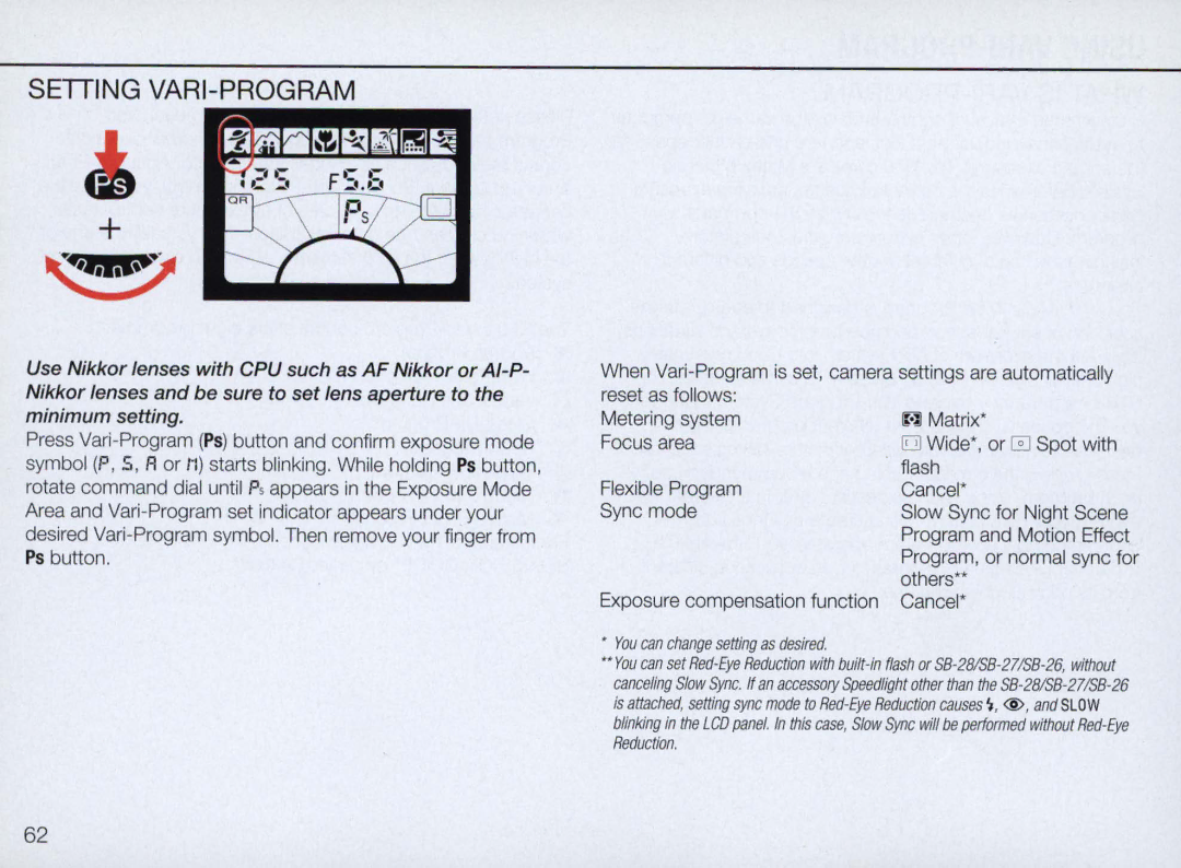 Nikon N70 instruction manual Setting VARI-PROGRAM, You can change setting as desired 