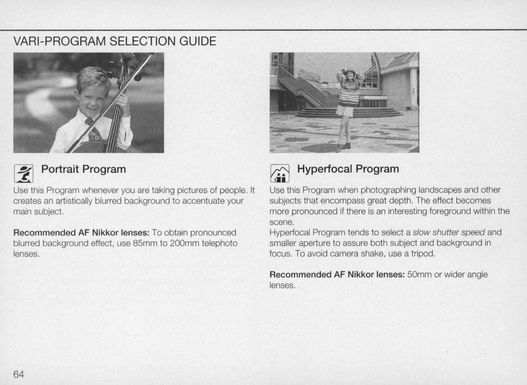 Nikon N70 instruction manual VARI-PROGRAM Selection Guide, Itl Portrait Program ~ Hyperfocal Program 