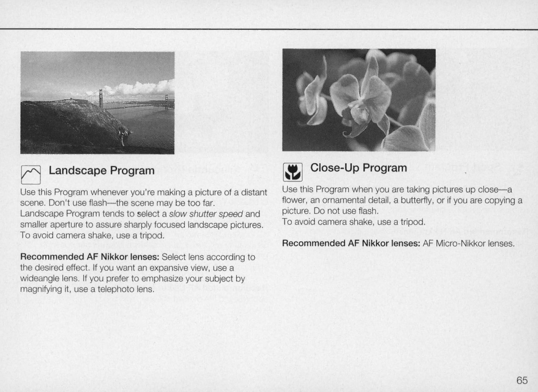 Nikon N70 instruction manual Landscape Program, ~I Close-Up Program 