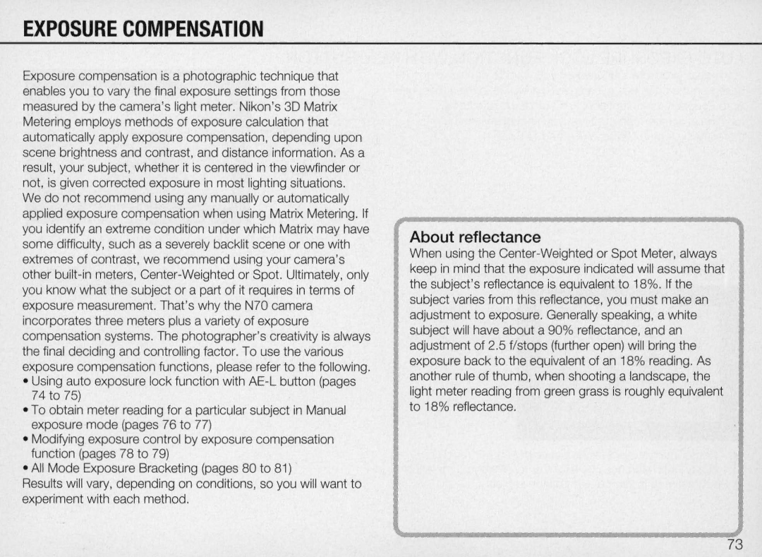 Nikon N70 instruction manual Exposure Compensation, About reflectance 