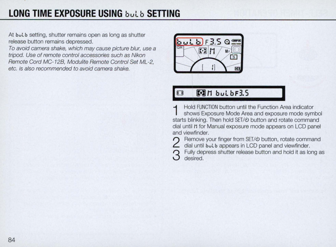 Nikon N70 instruction manual Long Time Exposure Using b,,t b Setting 