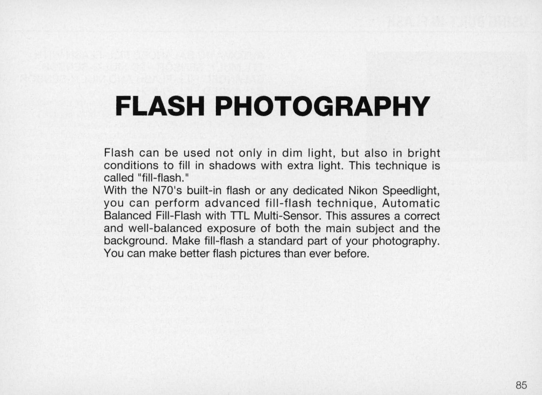 Nikon N70 instruction manual Flash Photography 