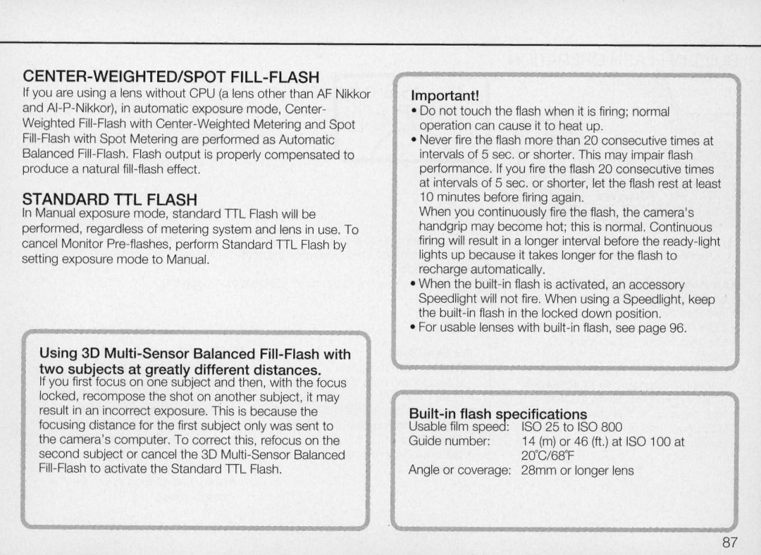 Nikon N70 instruction manual CENTER-WEIGHTED/SPOT FILL- Flash, Standard TTL Flash 