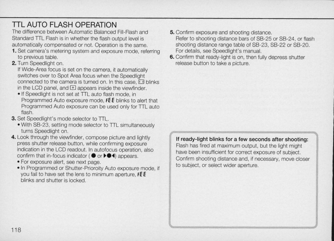 Nikon N90 instruction manual TTL Auto Flash Operation, 118 