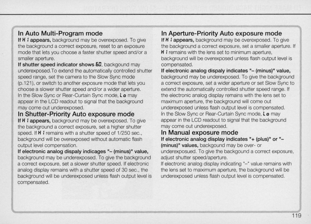 Nikon N90 instruction manual Auto Multi-Program mode, Shutter-Priority Auto exposure mode, 119 