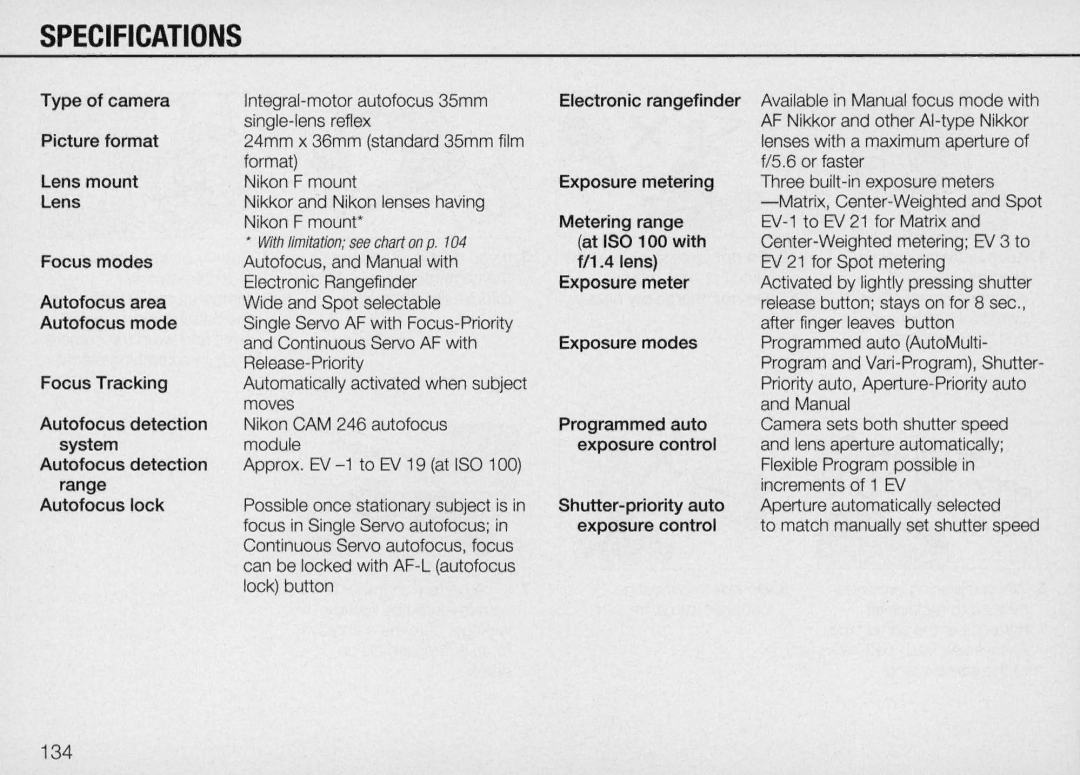 Nikon N90 instruction manual Specifications, 134 