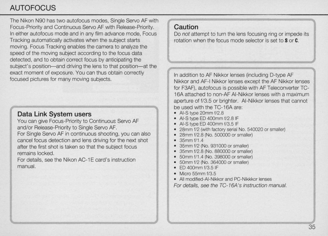 Nikon N90 instruction manual Autofocus 