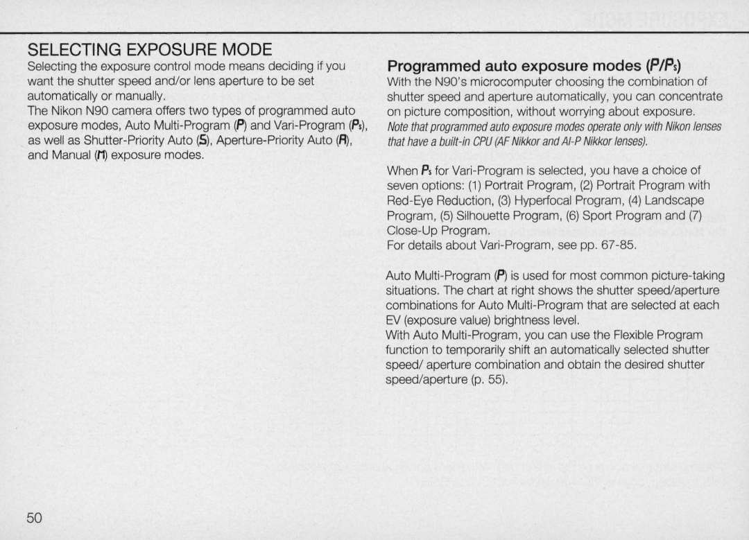 Nikon N90 instruction manual Selecting Exposure Mode, Programmed auto exposure modes PIPs 