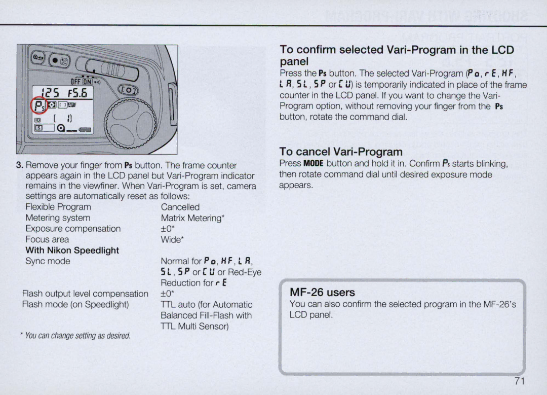 Nikon N90 instruction manual To confirm selected Vari-Program in the LCD panel, To cancel Vari-Program, MF-26 users 