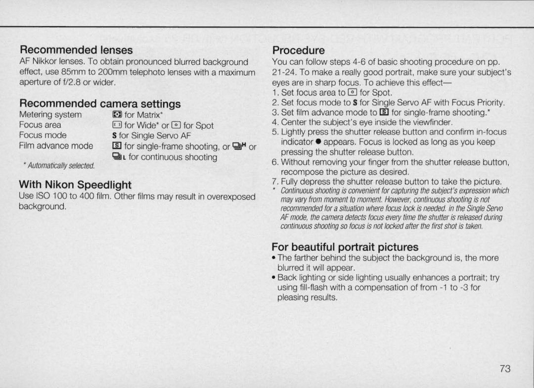 Nikon N90 instruction manual Recommended lenses, Recommended camera settings, With Nikon Speedlight, Procedure 